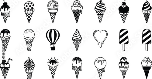 Black and White Ice Cream Icon Set with Cones, Popsicles, Sundaes, Summer Treats, Dessert Symbols, Minimal Style Vector Collection