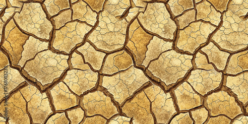 Close-up of cracked earth showcasing a dry, arid landscape with intricate textures and golden hues.