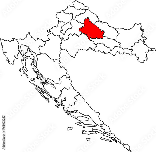 Editable vector map of Croatia (Hrvatska), highlighting Bjelovar-Bilogora County in Red. Features all 21 administrative divisions as outlines, ideal for presentations and data visualization.