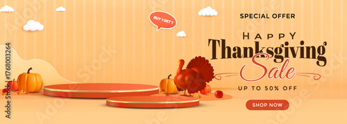 Thanksgiving Sale Banner With Pumpkins, Turkey, And Bright Orange Stage For Special Offer