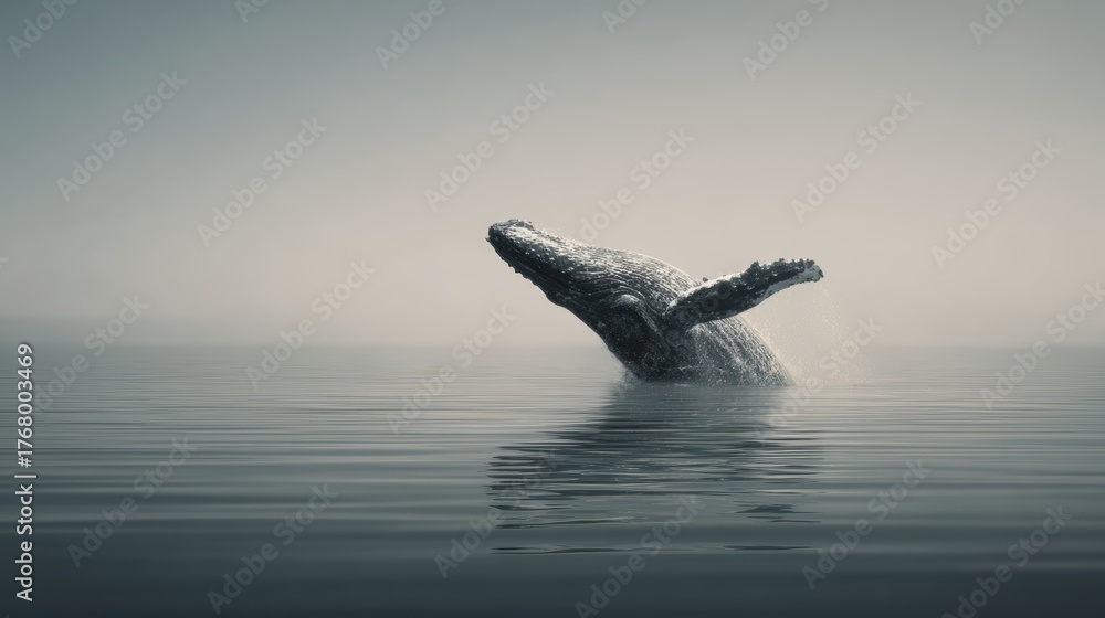 Naklejka premium Majestic Whale Breaching the Calm Waters in Soft Misty Environment