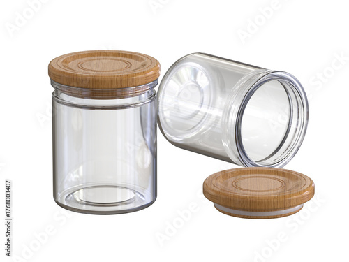 Multipurpose clear glass bottle with lid, placed vertically and another lid placed sideways with the lid placed on the side.