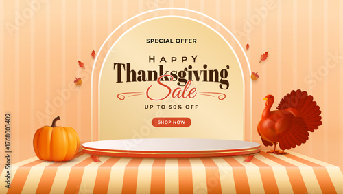 Thanksgiving Sale Banner With Pumpkin, Turkey, and Striped Stage for Special Offer