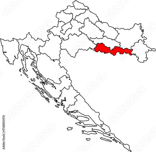 Editable vector map of Croatia (Hrvatska), highlighting Brod-Posavina County in Red. Features all 21 administrative divisions as outlines, ideal for presentations and data visualization.