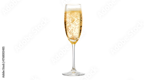A tall flute glass filled with sparkling champagne or prosecco with many small bubbles rising isolated on transparent background