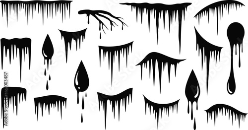 Black dripping liquid shapes vector set with paint, ink, slime, horror, abstract silhouette elements for graphic design use