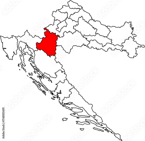 Editable vector map of Croatia (Hrvatska), highlighting Karlovac County in Red. Features all 21 administrative divisions as outlines, ideal for presentations and data visualization.