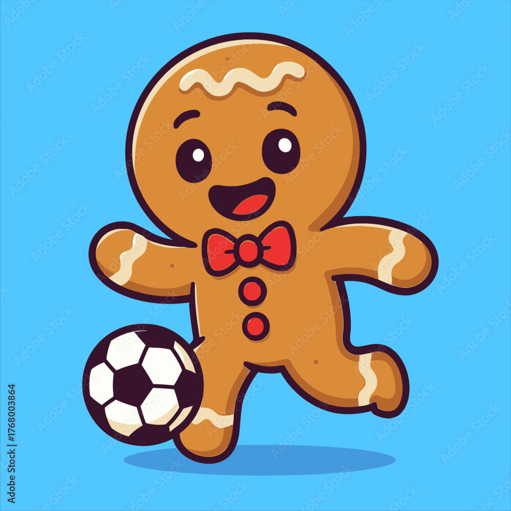 Fototapeta premium Cheerful Gingerbread Man Kicking Soccer Ball with Red Bow Tie and Buttons.