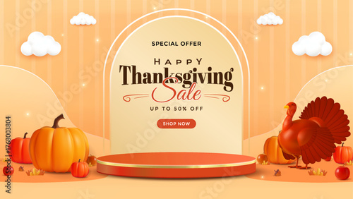 Thanksgiving Sale Banner With Pumpkins, Turkey, and Warm Autumn Stage