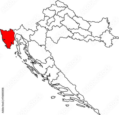 Editable vector map of Croatia (Hrvatska), highlighting Istria County in Red. Features all 21 administrative divisions as outlines, ideal for presentations and data visualization.