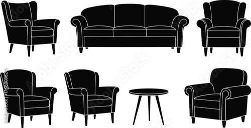 Black silhouette furniture set with sofa, armchairs, and round table for interior design, living room layout, and decoration concepts