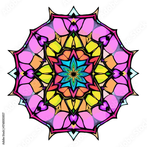 Colorful mandala logo in pastel geometric art design, decorative sacred symbol for spiritual or creative branding