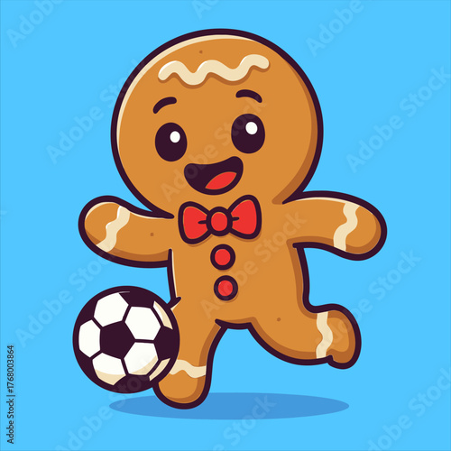 Cheerful Gingerbread Man Kicking Soccer Ball with Red Bow Tie and Buttons.