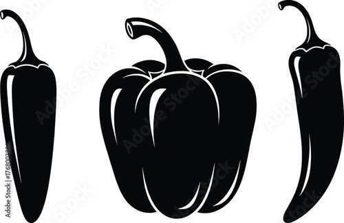 Black silhouette of chili, bell, and jalapeño peppers isolated on white background for spicy food, vegetable, kitchen vector themes