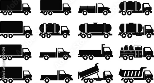 Black silhouette vector set of commercial trucks including box, dump, pickup, tanker, flatbed, utility vehicles for transport and industry