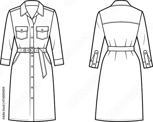 Belted shirt dress sketch, front and back view, long sleeves, collared neckline, buttoned pockets, waist belt, fashion design illustration