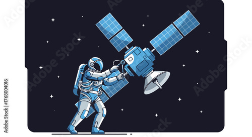 Astronaut repairing satellite in outer space during spacewalk illustration for exploration theme