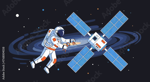 Astronaut repairing satellite in space with galaxy backdrop vector illustration