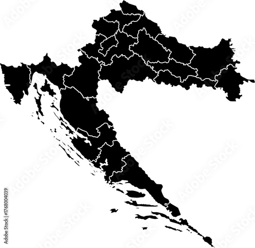 Black filled vector political map of Croatia (Hrvatska), featuring all 21 administrative counties (županije) with internal borders, and the entire country outline filled with a solid black color.