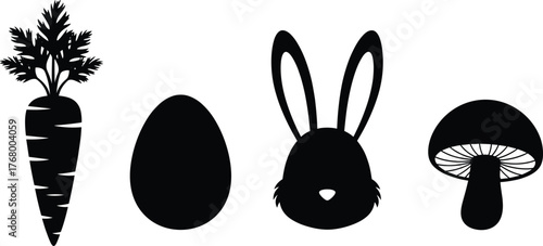 Black Silhouettes of Carrot, Egg, Rabbit Head, and Mushroom Isolated on White Background for Nature, Easter, and Spring Themes