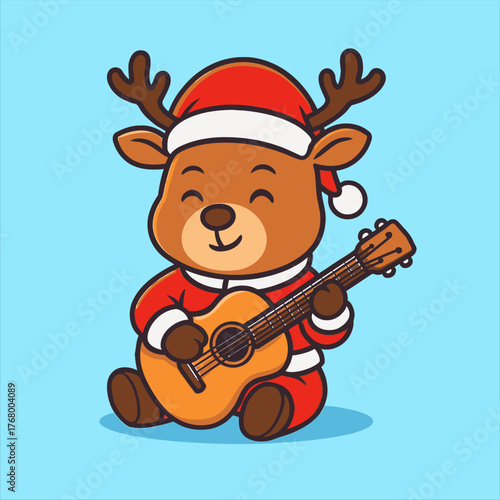 Festive Reindeer Musician Playing Guitar Smiling with Christmas Spirit.