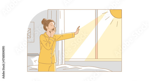 Cartoon depiction of a woman waking up in the morning with bright sunlight streaming in