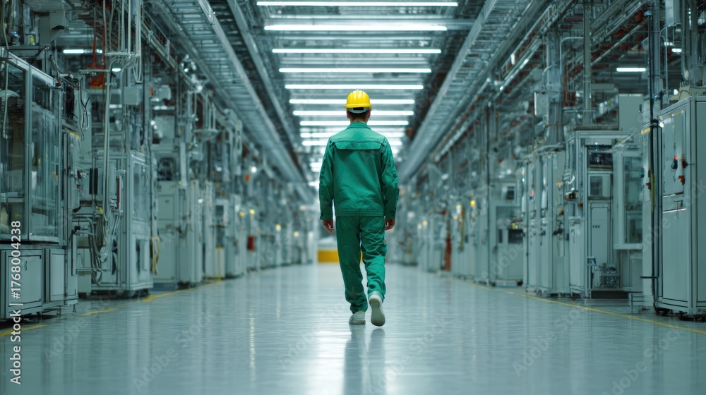 Obraz premium Industrial Worker Walking Through High-Tech Manufacturing Facility