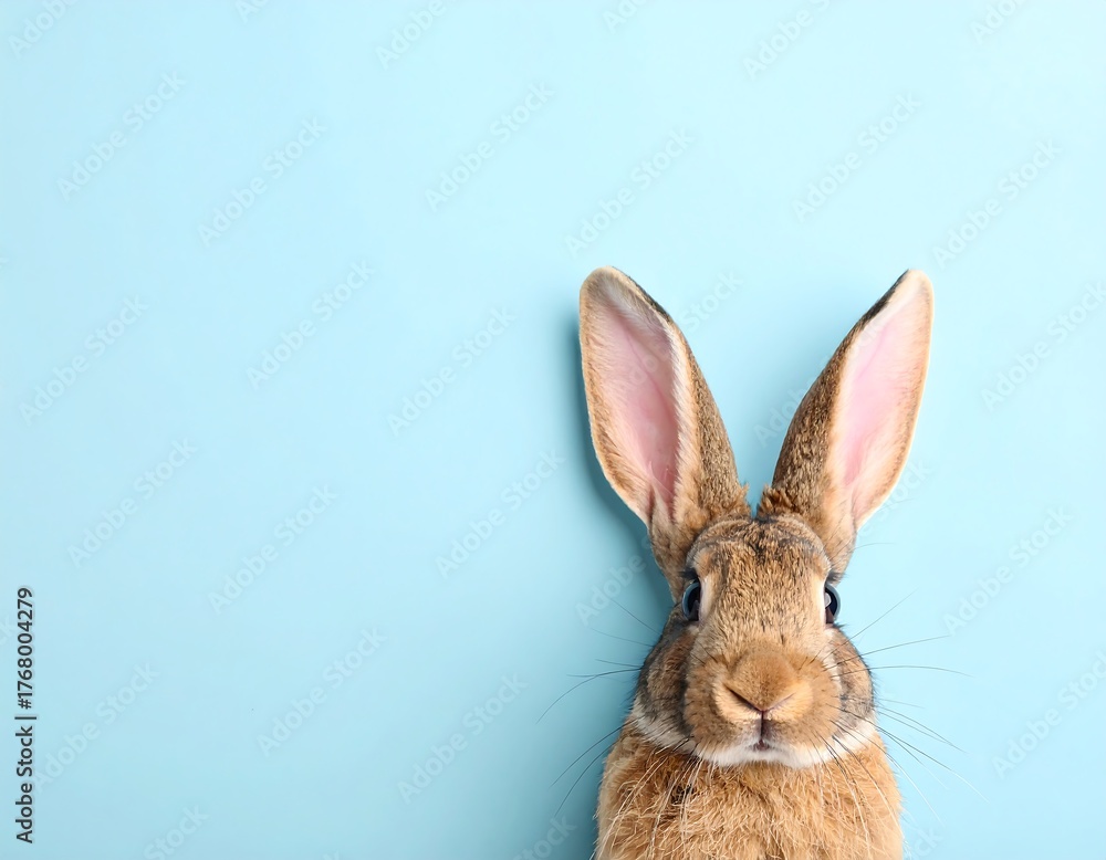 Fototapeta premium Close-up of a brown and tan bunny against a light blue background