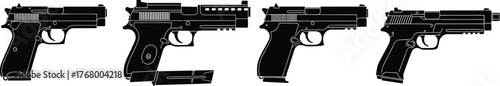 Black Silhouettes of Semi-Automatic Pistols with Magazine Ejection, Barrel Variations, and Tactical Details for Firearm Design and Identification Use