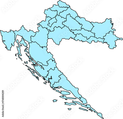 Ice Blue filled vector political map of Croatia (Hrvatska), featuring all 21 administrative counties (županije) with internal borders. The country is filled with a solid light blue (ice blue) color