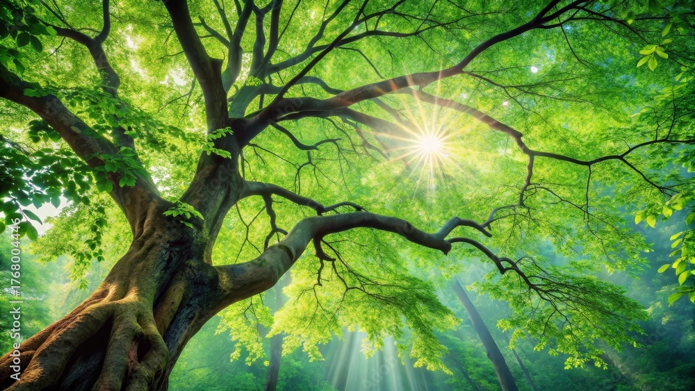 Fototapeta premium Majestic ancient tree canopy bathed in sunlight, vibrant green leaves, sunbeams filtering through branches, serene forest atmosphere, peaceful woodland scene