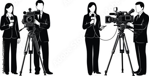 Broadcast journalism silhouette vector set with reporters, cameramen, microphones, tripods, and professional video equipment in media production scene