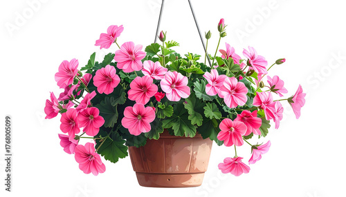 Wallpaper Mural A hanging basket overflowing with vibrant pink geraniums and lush green foliage Torontodigital.ca
