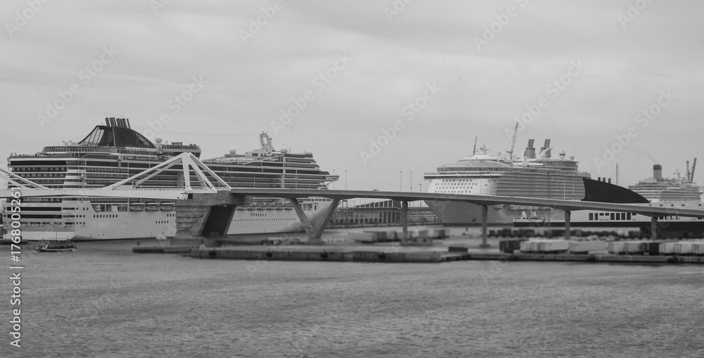 Fototapeta premium Massive Italian family cruiseship cruise ship Fantasia, Splendida or Divina in Barcelona, Spain during Summer Mediterranean cruising in sleek modern design with port infrasctructure and marine traffic
