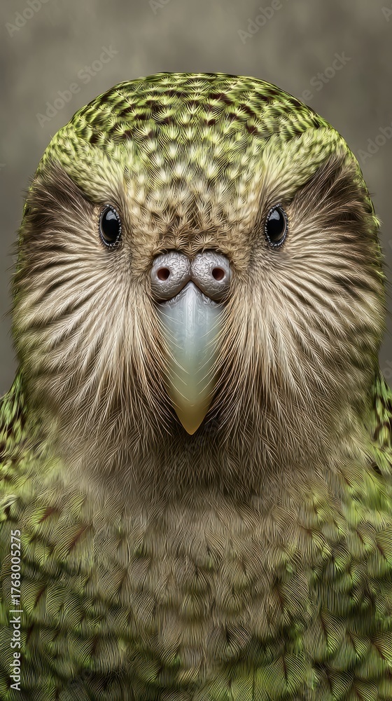 Obraz premium Close-Up Portrait of a Colorful Green Bird with Unique Features