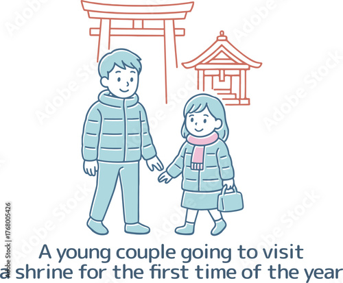初詣に行く若いカップルのイラスト
Illustration of a young couple going to visit a shrine for the first time of the year