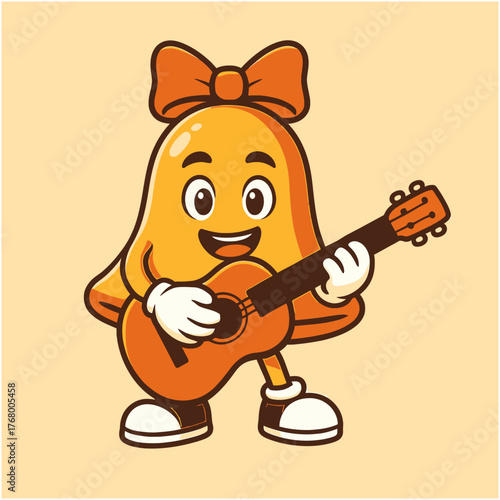 Cheerful Bell Character Playing Guitar with Bow Smiling and Ready to Perform.