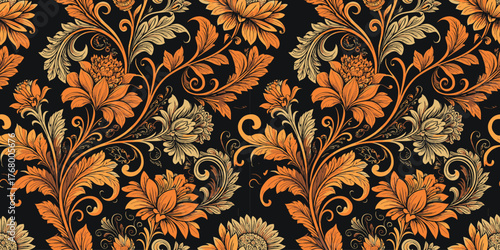 Vibrant orange floral pattern on a black background, perfect for a modern design aesthetic.