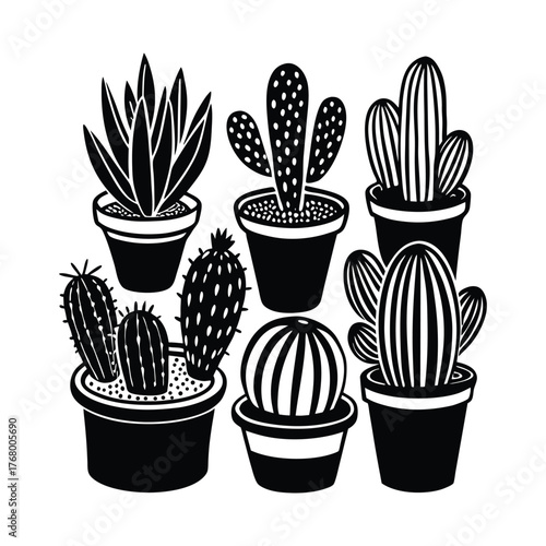 Cactus doodle set with different small pots
