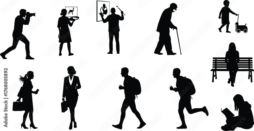 Fototapeta premium Silhouette illustration of people in photography, music, painting, walking, reading, and travel activities representing lifestyle, age, and movement diversity