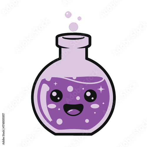 Cartoon illustration of a purple potion bottle with a smiling face and bubbles on a white background