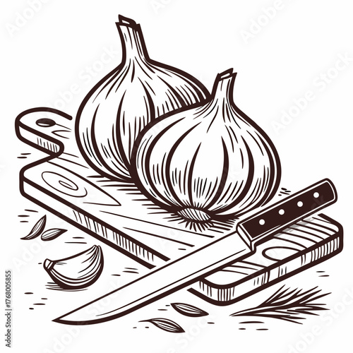Garlic Bulbs with Knife Cooking Preparation Vintage Rough Woodcut Engraving Linocut Style Vector Illustration
