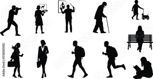 Silhouette illustration of people in photography, music, painting, walking, reading, and travel activities representing lifestyle, age, and movement diversity