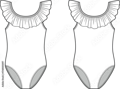 Girls sleeveless ruffle collar swimsuit front view, fashion flat sketch, leotard design, garment illustration, kids wear template, apparel