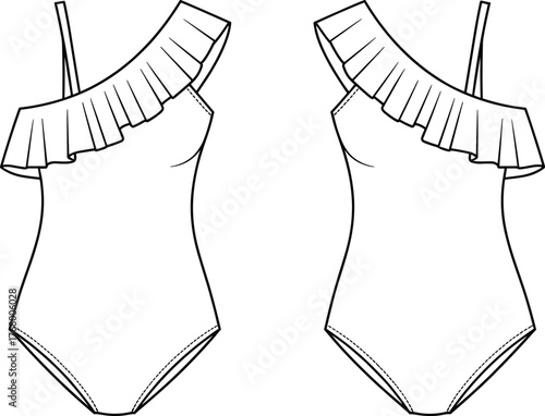 One shoulder swimsuit sketch, asymmetrical neckline, fashion illustration, ruffle detail, minimalist swimwear design, garment template, black white drawing