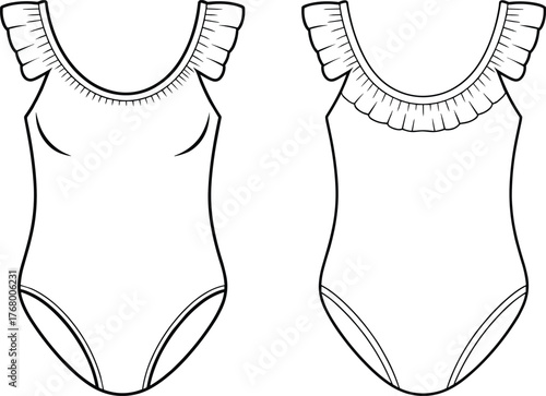 One-piece swimsuit sketch, ruffled straps, scoop neckline, fashion flat, garment design, swimwear illustration, high-cut leg, apparel template, technical drawing