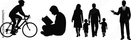 Silhouette of diverse human activities including cycling, reading, family walking, and business presentation isolated on white background for lifestyle concepts