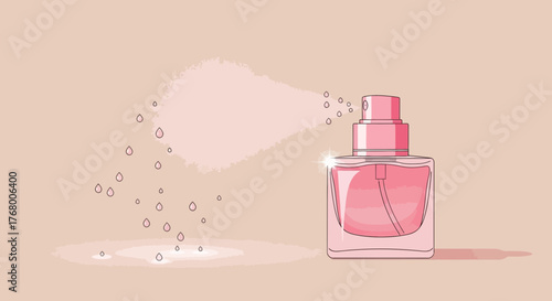 Elegant pink perfume bottle spraying fragrance on a soft pastel background design