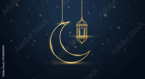 Elegant Ramadan greeting card design with golden crescent moon and lantern on blue background