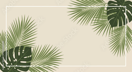 Elegant tropical frame featuring palm leaves and monstera against a beige background